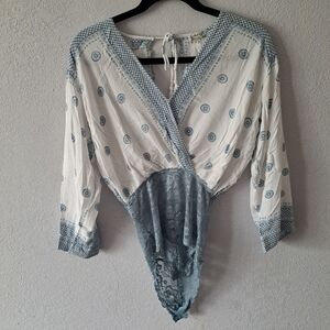Free People Blue and White Lace Bodysuit